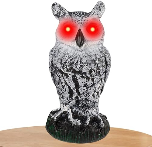 Gehörnte Eule, falsche Eule, künstliche Eule mit blinkenden Augen, gruseliger Klang und Bewegungsmelder – Vogelscheuche Eule zum Abschrecken von Vögeln, Steuerung für Garten und Möbel
