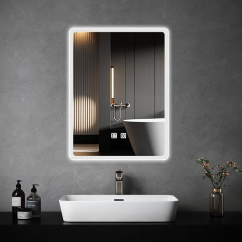 JAMUBOCHE Bathroom Mirror with LED Lights, 60x45cm Illuminated Light Up Bathroom Mirror with Anti-Fog, 3 Colour Dimmable Lights, Backlight, Wall Mounted, Waterproof, Touch Control