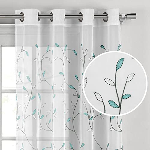 Creative Home Ideas Wavy Leaves, Embroidered Window Curtain with Grommets, Extra Wide Single Panel, 100% Polyester, Light Filtering, Sheer, Modern Drapes, 54 x 84, Turquoise