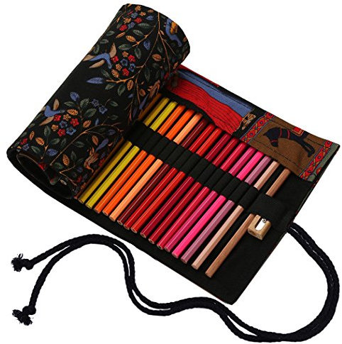 abaría Estuche para 72 Lapices Colores, Plegable Portalápices de Lona, Organizador Lápices Grande, Bolsa Enrollable Arte, Árbol Negro 72 Agujeros