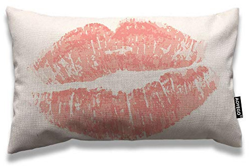 AOYEGO Lip Throw Pillow Cover 12x20 Inch White Rose Gold Glitter Pink Lipstick Girl Woman Mouth Rectangle Pillow Cases Home Decorative Cotton Linen Cushion Cover for Bed Sofa