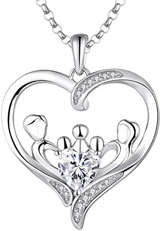 JO WISDOM Mama Halskette Silber 925,Kette Anhänger Mutter 3 Kinder Tochter/Sohn Vater Familie Liebe Herz mit 3A Zirkonia April Geburtsstein,Schmuck für Frauen