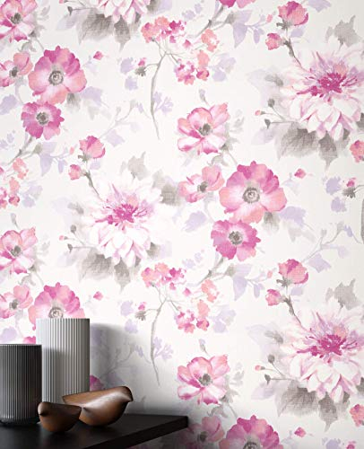 NEWROOM Tapete Pink Vliestapete Blumen - Blumentapete Floral Grau Weiß Blätter Mustertapete Romantisch Glanztapete inkl. Tapezier-Ratgeber