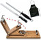 Bricolemar Set de Jamonero Giratorio Plegable Metal/Madera + Cuchillo Jamonero Alveolado con Chaira + Delantal Negro Regalo (Soporte Largo Plegable Giratorio + Set Cuchillo Alveolado y Chaira)