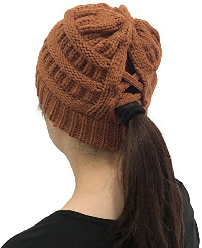 GEBIN Damen Strickmütze - Gestrickt Verdicken Wintermütze Mit Zöpfen Loch Loop Gefütterte Beanie Plain Warme Hut Hohe Bun Pferdeschwanz Mütze (Brown)