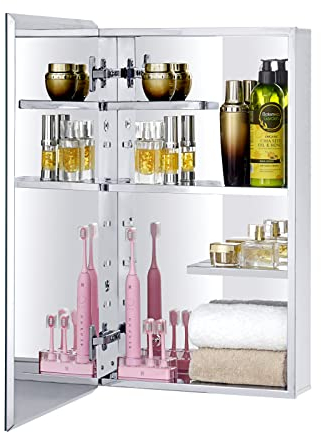 Fundin Edelstahl-Spiegelschrank, Wand- und Unterputzmontage, 38x65 cm, mit einzigartigen Halbtablaren für mehr Verstellbarkeit.