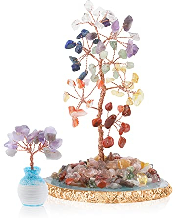 2 Pièces, Sept Chakra Cristal Arbre, Arbre de Vie en Pierre de Cristal de Guérison, Arbre Gemme Feng Shui, Décoration de Bureau à Domicile pour Richesse Bonheur Santé, Cadeau Spirituel Feng Shui