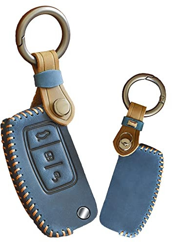 KUNIO Klapp Autoschlüssel Hülle Passt für Ford Fiesta Focus 2 Ecosport Kuga Escape Falcon B-Max C-Max Galaxy Territory Leder Schlüsselhülle Schlüsselanhänger Schutzhülle Schlüsselbund Blau