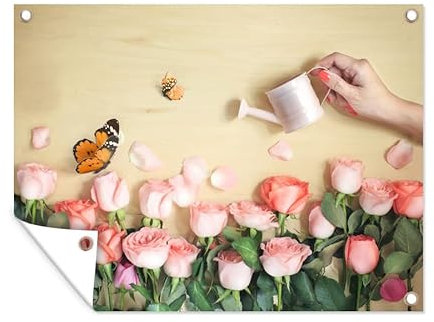 MuchoWow Poster exterieur Fleurs - Roses - Arrosoir Decoration murale 80x60 cm Résistant aux intempéries/soleil