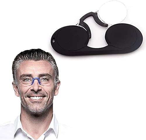QIEU Tragbare Mini-Nasenclip-Lesebrille ohne Arm, Damen-Männer-Nase kneifende Lesebrille ohne Arm, Anti-Blau-randlose rechteckige Lesebrille mit Etui (Black,+1.5)