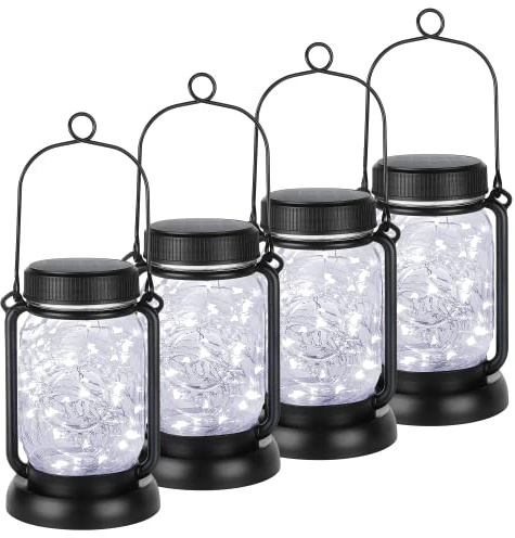 Kaltweiß 4 Stück Solar Hängende Mason Jar Lichter mit Pfähle, Wasserdicht Dekorative Outdoor Solar Laterne Lampe, Vintage Glas Jar Sterne Lichterkette mit 30 LEDs für Terrasse Garten Baum Hof