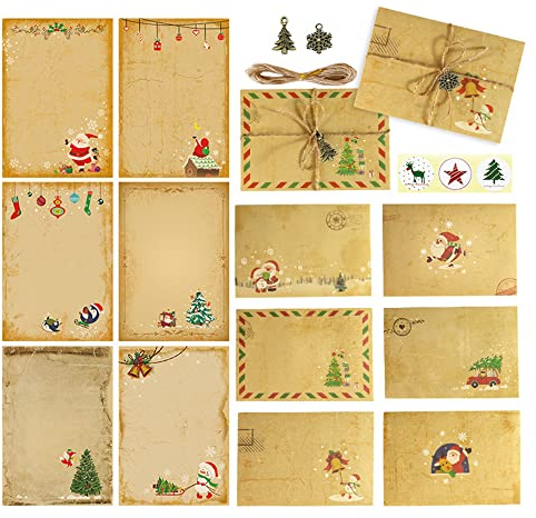 UBERMing Weihnachtsbriefpapier mit Umschläge Ohne Fenster 12 Sets Vintage Briefpapier Weihnachten mit Umschlag Hanfseil und Weihnachtszubehör Beste Wünsche für Verwandte Freunde Kollegen usw. (A5)