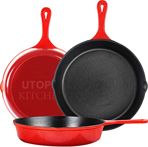 Utopia Kitchen Gusseisen-Bratpfannen-Set, 3-teilig, 15,2 cm, 20,3 cm und 25,4 cm, Gusseisen-Kochgeschirr-Set, Pfanne für Outdoor-Camping, Ofen und Herdplatte – Rot
