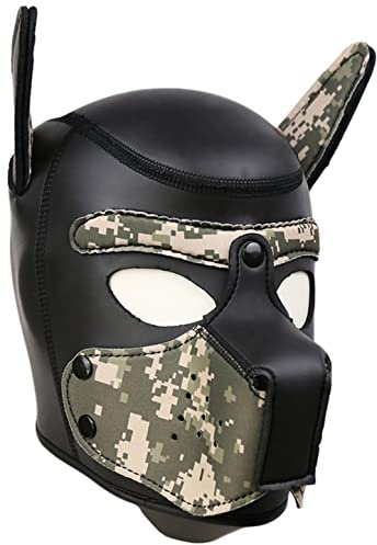 YiQin RWSX Hundemaske, Weiche Latex Petplay Hundemaske mit Ohren Welpenmaske Hunde Masken, Abnehmbarer Mund, Geeignet für Halloween, Urlaubsparty (X-Large, Camo)