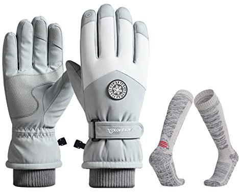 Handschuhe Damen Skihandschuhe Skisocken Wasserdicht Outdoor Touchscreen Winter Flauschige Thermo Sport Ski Snowboard Lauf Joggen Fahrrad MTB Motorrad Skifahren Wandern Radfahren Wintersport (Grau)