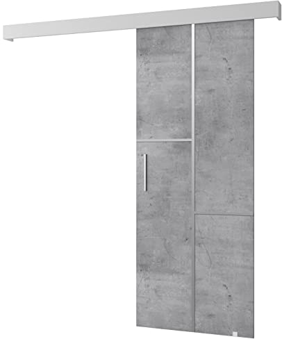 KRYSPOL Schiebetürsystem Salwador 7 Komplett-Set für Schiebetüren, Trennwände Innentüren, Modern Design (Beton/Gitter: weiß matt/Griff und Streife: Silber)