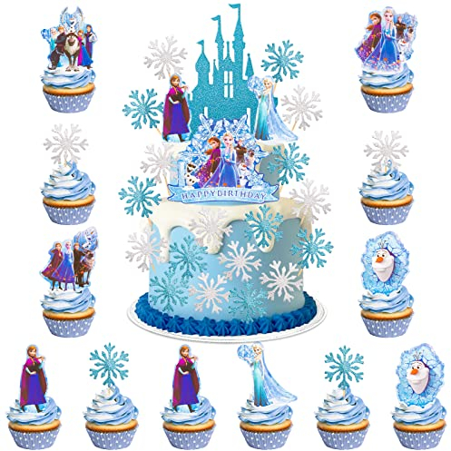 34 Stück Schneeflocke Tortendeko, Principessa Kuchen Deko Geburtstagsdeko Schloss Happy Birthday Tortenaufleger Schulkind Cake Topper Geburtstag Deko für Mädchen Jungen Kinder