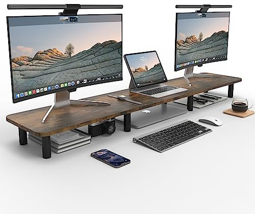 WEGASTU Doppelter Monitorständer, 106,7 cm, groß, extra lang, für 2 Monitore, Holz und Stahlbeine, Schreibtisch-Organisation, Home Office (Vintage)