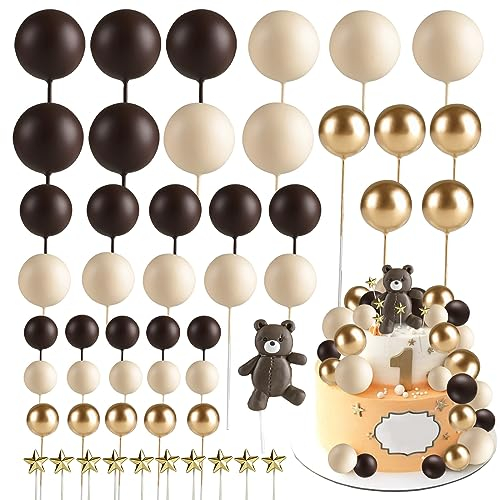 Teddy Bear Cake Toppers, 51pcs Baby Shower Cake Toppers Bear Cake Balls Decoration for Baby Shower Cake Decorations, Gender Reveal, Christening, Kids Boy Girl 1st Birthday