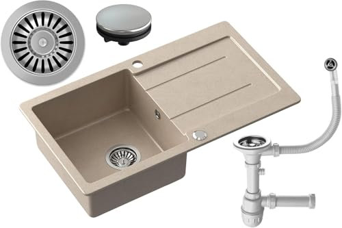 myQ Lavello in granito | dimensioni: 77 x 44 x 18,5 cm, colore: beige | PARIS 11 Lavello da cucina Lavello a una vasca con scolapiatti e sifone manuale | per mobili da 50 cm
