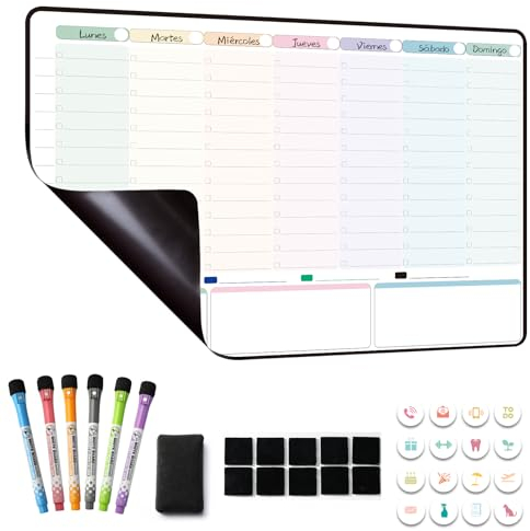 Planificador Semanal Magnetico,Pizarra Nevera Magnetica,Organizador Semanal,Calendario Semanal Planificador Magnetico Nevera 42×28cm - en español