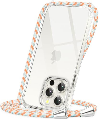 CAROKI Crossbody Case for iPhone 15 Pro,Necklace Mobile Phone Cover with Cord Strap Clear Transparent TPU Soft iPhone 15 Pro Cover Holder with Neck Cord Lanyard Strap-Orange Blue