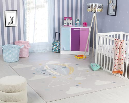 Livabliss Heissluftballon Kinderteppich - Cartoon Teppich 160x213 cm, Teppich Kinderzimmer oder Babyzimmer, Krabbelteppich oder Spielteppich - Baby Teppich für Jungen & Mädchen, Grau