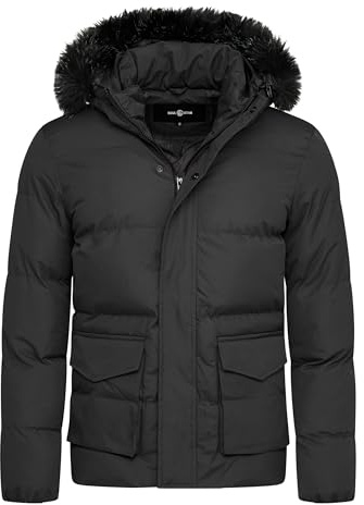 Soulstar Herren warme Winterjacke mit Kapuze Parka Winter-Mantel Steppjacke Jacket Puffer-Jacke S2_ADLER-Black-M