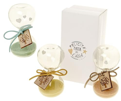 Nuovissima Clessidra NUANCE VARIE MISURE E COLORI con bellissima SCATOLA REGALO e tag in legno idea regalo bomboniera bomboniere per cerimonia (3pz Sabbia Colorata 10cm)