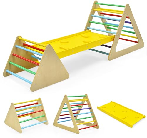 HOMASIS 3-in-1 Kletterdreieck mit Leiter & Rutsche, klappbar Klettergerüst Set, Kinder Sprossendreieck aus Massivholz, multifunktionale Rampe, Kletterbogen Kletterspielzeug-Set für ab 3 Jahren, bunt