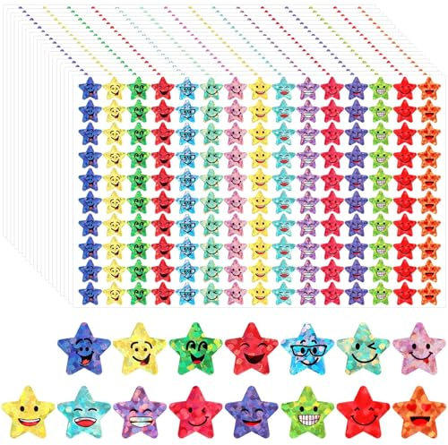JANYUN Sterne Sticker, 6750 Stück Sterne Aufkleber für Kinder Glitzer Smiley Sticker Kleine Sterne Smiley Aufkleber Belohnungssticker für Schule Lehrer Schüler