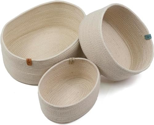 EcoKunst 3er Set Körbe Aufbewahrung aus Baumwolle Regal Wollkorb Beige Geflochten Speicherkörben für Regale, Stapelbare Speicher kleine Storage Basket Organizer Küche - behälter