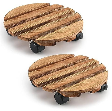 ROCKIA Carrito para macetas de jardín, 2 bases de madera con ruedas giratorias bloqueables de 360°, carrito de soporte antideslizante para macetas, soporte para plantas rodante fiable para interiores