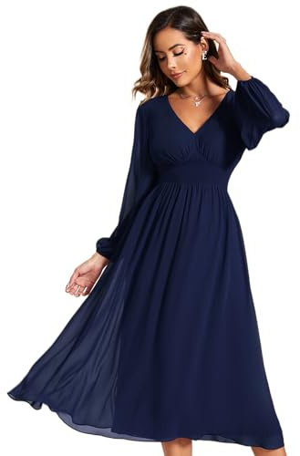 Ever-Pretty Party Dresses for Women Midi Long Sleeve Wedding Guest Dresses V Neck Midi Navy Blue 24