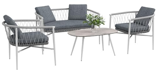 Outsunny 4 TLG. Rattan Gartenmöbel-Set, Sitzgruppe mit Schaukelfunktion, Gartengarnitur mit 1 Couchtisch, 2 Sesseln, 1 Doppelsofa, Kissen, Sitzgarnitur für Garten, Terrasse, Stahl, Grau
