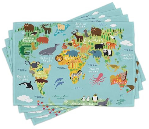 ABAKUHAUS Fernweh Platzmatten 8 Stück, Cartoon für Kinder Tiere der Welt Exotische Fauna mit Ozean und Flora, Waschbare Stoff Esszimmer Küche Tischdekorations Digitaldruck, Ozeanblau