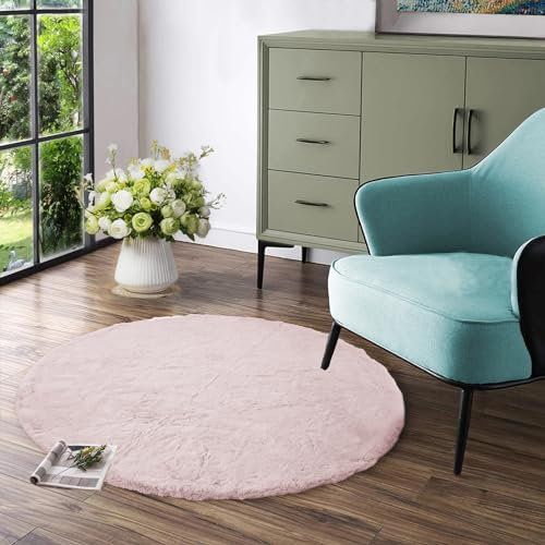 Latepis Tapis Rond Rose 90 cm Doux Chambre Fille Moelleux Tapis Fausse Fourrure Salon Petit Poil Ras Lavable