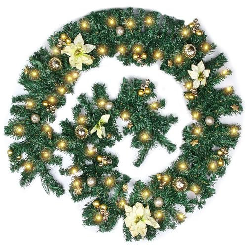 JOFONY Weihnachtsgirlande mit Beleuchtung Deko,60 LEDs 2,7m Tannengirlande Batterie Weihnachten Lichterketten mit Goldene Blumen Weihnachtskugeln,Weihnachten Girlande Weihnachtsdeko für Innen Außen