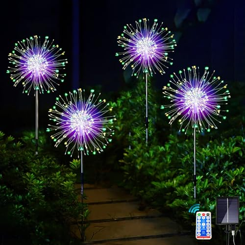 Joycome Solarlampen für Außen 4x150 LED Solarleuchten Pusteblume mit Fernbedienung, 8 Modi Feuerwerk Gartenbeleuchtung Winterfest Gartenlichter Solarstecker für Balkon Weg Deko - Mehrfarbig