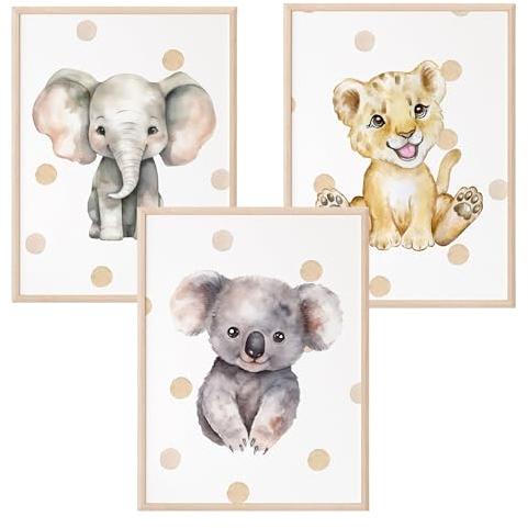 Mutzauber® 3er Set Poster Kinderzimmer A4 | Kinder Wandtattoo | Deko Babyzimmer Jungen Mädchen | Bilder Löwe Elefant Koala ohne Rahmen (Tiere mit Punkten)