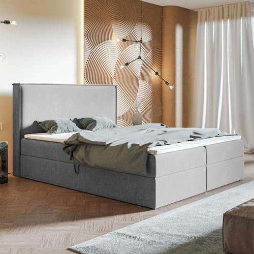 MOTIVENA Bari Boxspringbett 140x200 Grau Samt, mit Taschenfederkern-Matratze (H3), mit Visco Memory-Foam Topper (H2), Boxspringbett 140x200 mit Bettkasten Grau (Hellgrau)
