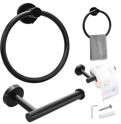 2 PCS Toilet Roll Holder Black Hand Towel Ring Set, Toilet Paper Roll Holder Wall Mounted Towel Holder Matt Black Towel Ring for Bathroom Kitchen Bedrooms