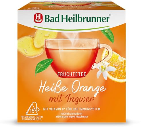 Bad Heilbrunner Heiße Orange mit Ingwer Tee - Kräutertee im Pyramidenbeutel - Orange, Ingwer - mit Vitamin C für die Abwehrkräfte & das Immunsystem (6 x 15 Pyramidenbeutel)