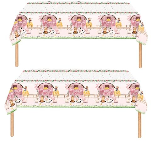 2Pcs Pink Farm Animal Tablecloth, 137*274 Plastic Table Cover for Kids Girls Birthday Baby Shower Barnyard Theme Party Supplies