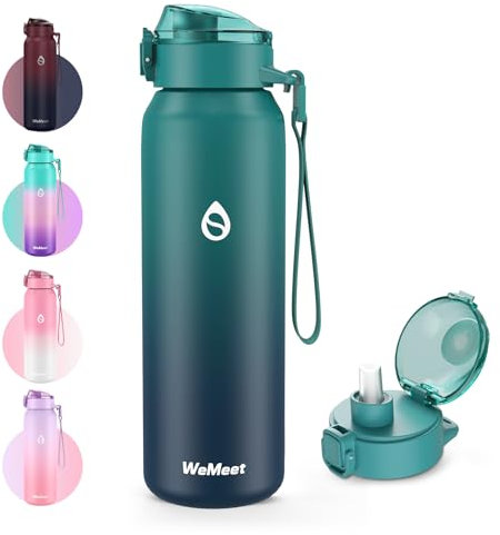 WEMEET - Botella de agua de acero inoxidable 18/10 con pajita extraíble, 700 ml, a prueba de fugas, doble pared, para exterior, trabajo, fitness, bicicleta, escuela (azul, azul)