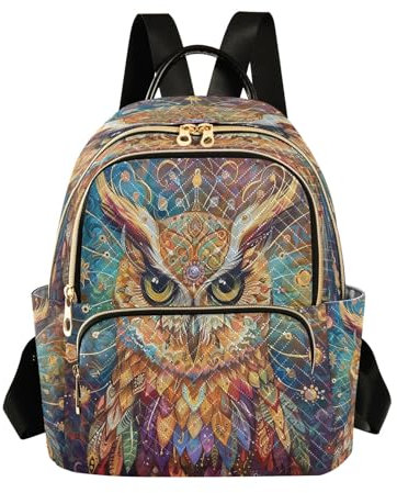 Mnsruu Bunter Eulen-Rucksack, Geldbörse, Damen-Rucksack, Reise-Umhängetasche, lässiger Alltagsrucksack, Bunte Eule, Vintage, S