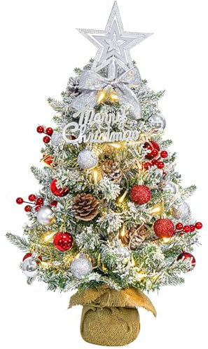 Mini Weihnachtsbaum Künstlich mit LED, 60cm Kleiner Weihnachtsbaum Geschmückt mit Kunstschnee und Ornamenten, Mini Tannenbaum für Weihnachten Deko(Rot Silber)