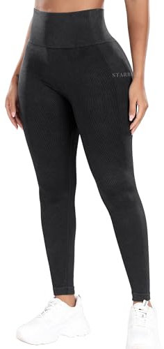 STARBILD Leggings Damen Sport Nahtlose Gerippt High Waist für Gym, Gerippte - Schwarz L