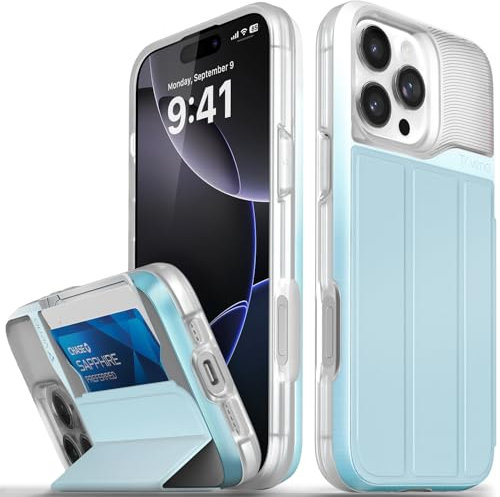 VENA vCommute for iPhone 16 Pro Max Wallet Case, [Military Grade Drop Protection] Flip Leather Cover Slot Card Holder with Kickstand - Pastel Blue
