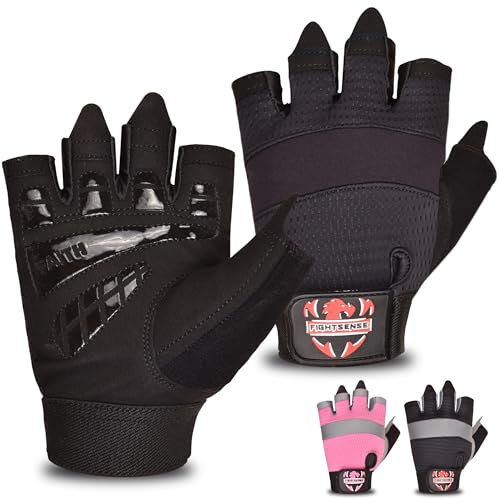 FIGHTSENSE Guanti da fitness uomo e donna,Guanti da palestra per sollevamento pesi,traspiranti,antiscivolo,imbottito per bodybuilding, palestra, crossfit, allenamento con i pesi (Nero, XL)